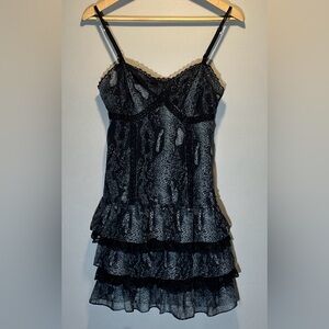 Guess Black and Gray Snakeskin Chiffon with Black Lace Tiered Mini Dress Size 7